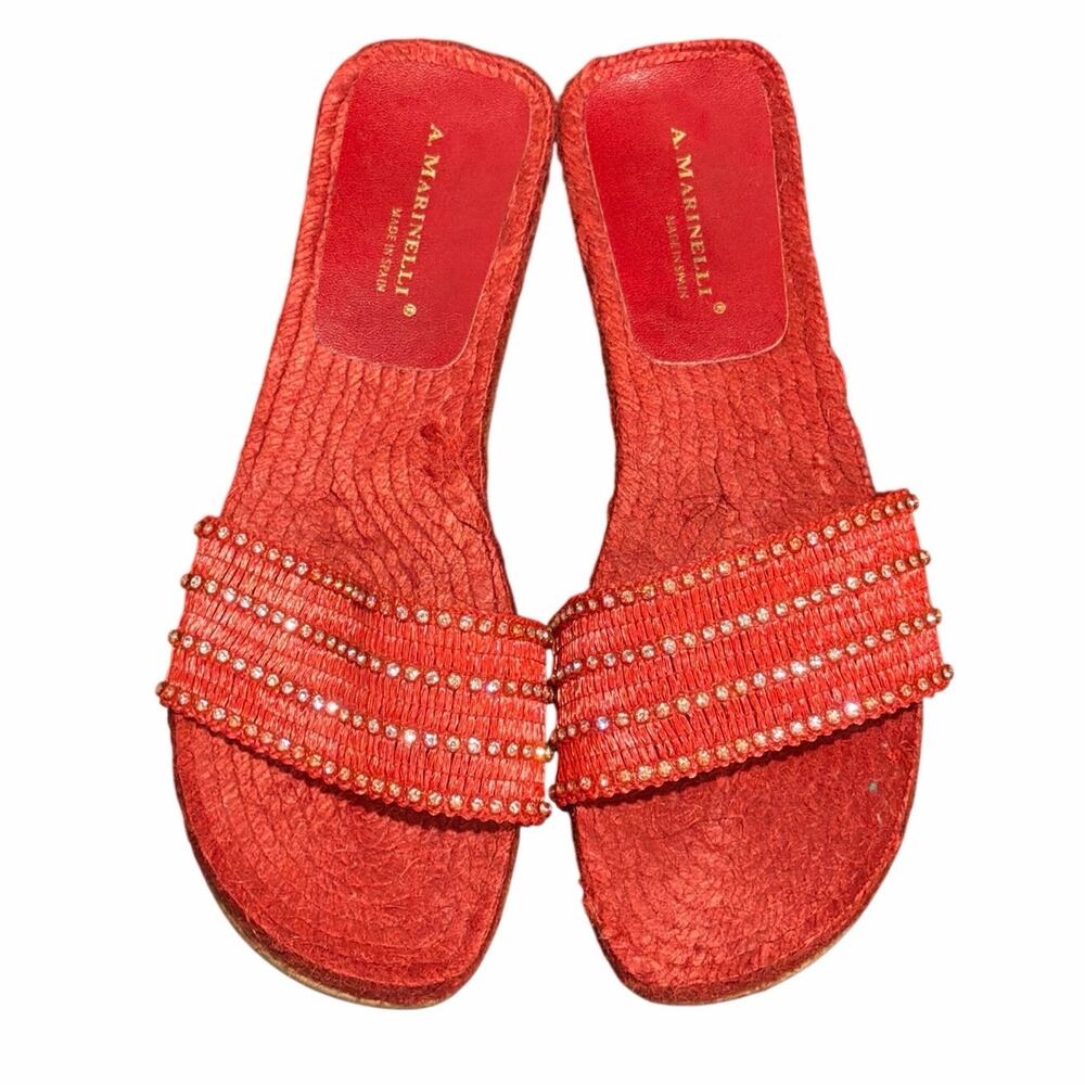 A. Marinelli size 7.5 red woven raffia espadrille slide sandals